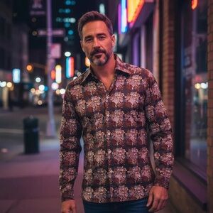 Vintage Men's Button Up Shirt Disco 70s Long Sleeves Collared Brown Size Medium